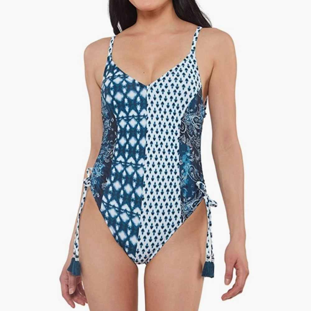 Jessica Simpson one piece swimsuit size M blue print side ruching v neck NWT